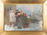 From the Maternity Hospital by Nina Pavlovna Volkova, 1953, Oil on canvas mounted to board. Labeled and misattributed to N. V. Volkova on verso, offered Oct 2024