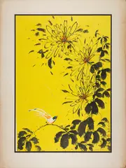 Bird and Flowers by Eunice Harris, Gouache and ink on yellow unryu paper, offered Oct 2024