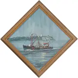Fishing Boat by Lighthouse by Samuel Emrys Evans, Acrylic on canvas mounted to board, offered Oct 2024