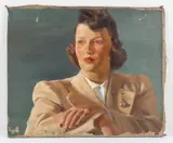 Woman with Crossed Arms by Robert Charles Haun, Oil on canvas, offered Oct 2024
