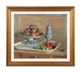 Still Life with Fruit and Mufineer by Maurice Lobre, oil on canvas, sold Apr 2024