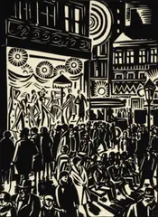 Untitled by Franz Masereel, woodcut on paper of a busy city street, offered Jan 2019