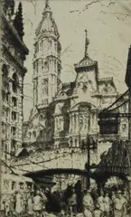 Untitled by Frederick Robbins, drypoint etching on paper "15th and Market Streets, offered Jan 2019