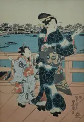 Untitled by Utagawa Hiroshige, woodblock print of a woman and young girl in front of a harbor, sold Jan 2019