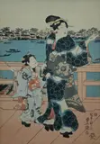 Untitled by Utagawa Hiroshige, woodblock print of a woman and young girl in front of a harbor, sold Jan 2019