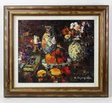 still life flowers and fruit by Christo Charpides, oil on canvas, sold Oct 2022