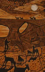 Goats in an Eroded Landscape by Peter Clarke, woodcut on Japanese washi paper, sold Mar 2021