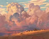 Landscape with Rondavels and Cloud Formations by Willem Hermanus Coetzer, 1960, oil on canvas mounted on board, sold Mar 2021