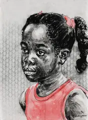 Portrait of a Girl in Pink by Bambo Sibiya, 2020, charcoal and acrylic on canvas, sold Mar 2021