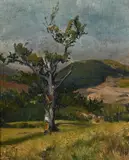 Landscape with Lone Tree and Distant Hills by Titta Fasciotti, oil on canvas mounted on board, sold Mar 2021