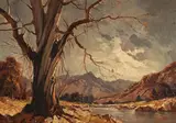 Mountain Landscape with Blue Gum Tree by Titta Fasciotti, oil on canvas mounted on board, sold Mar 2021