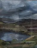 Untitled by D Rosie, Mixed media, a dark mountainous landscape built upon layers of torn paper, signed and date, sold Aug 2026