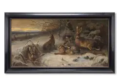 Hares with huntsmen by Anton Weinberger, oil, sold May 2026