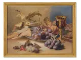 Still life of grapes and pomegranate by William Hough, watercolor, sold May 2026