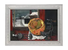 Still life, winter scene with pumpkin by Henry Collins, 1955, Oil on board, sold May 2026