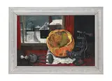 Still life, winter scene with pumpkin by Henry Collins, 1955, Oil on board, sold May 2026