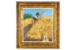 Thatching the rick by Harold Harvey, Oil on canvas, sold Apr 2026