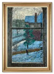 Winter landscape through a window by Jack E. Millar, Oil on board, sold Apr 2026