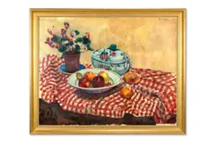 Still life of a cyclamen and some fruit in a bowl by Paul Maze, Oil on canvas, sold Apr 2026