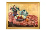 Still life of a cyclamen and some fruit in a bowl by Paul Maze, Oil on canvas, sold Apr 2026