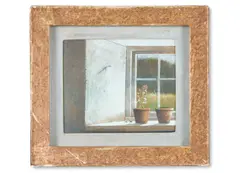 Flower pots on windowsill by Andrew Hemingway, Tempera on board, sold Apr 2026