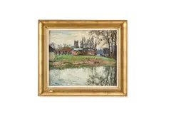 River landscape with church by John Anthony Park, Oil on board, sold Apr 2026