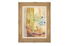Peaches and apples in baskets, yellow flowers in a va by Paul Maze, Pastel on buff paper, sold Apr 2026