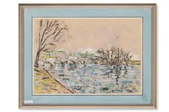 French river landscape with bridge by Paul Maze, Pastel on buff paper, sold Apr 2026