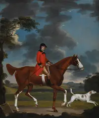 Portrait of colonel sloper with his favourite hunter and hound by Thomas Stringer, 1768, Oil on canvas, sold Apr 2026