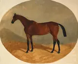 A horse in a stable by Henry A. Woollett, 1863, Oil on canvas, in a painted oval, sold Apr 2026