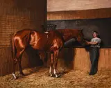 Avontes, a bay stallion with a groom in a stable by Charles Augustus Henry Lutyens, Oil on canvas, sold Apr 2026