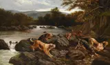 Otter hounds by Thomas William Earl, Oil on canvas Indistinctly signed, sold Apr 2026