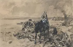 The silent battery by Lionel Edwards, Charcoal and wash, sold Apr 2026