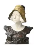 Bronze and marble bust of a maiden; circa 1900 by Paul-François Berthoud, Marble, bronze, gilt patterned bonnet, Art Nouveau base, sold Apr 2026