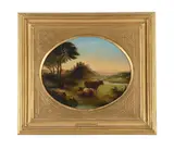 Cattle and cowherd at sunset by Henry Brittan Willis, Oil on board, oval, sold Apr 2026