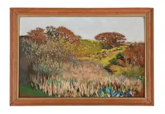 Landscape with tall grass and trees by Arthur Hughes, Oil on board, sold Apr 2026