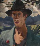 Self portrait in a mountainous landscape by Julian Trevelyan, Oil on canvas, sold Mar 2026