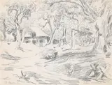 A farm in a wooded clearing, st sauveur by Julian Trevelyan, Pencil, sold Mar 2026