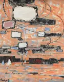 Chiswick eyot: evening saling by Julian Trevelyan, Oil on canvas with scratching out, sold Mar 2026