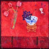 Red table and dragon bowl by Sue Fitzgerald, Acrylic on canvas, sold Mar 2026