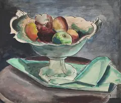 Still life of a bowl of fruit by Bernard Meninsky, Pen and ink and watercolour, sold Mar 2026