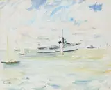 A naval ship and small yachts at sea by Paul Maze, Watercolour over pencil, sold Mar 2026