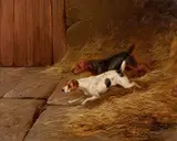 Terriers in a barn by Colin Graeme Roe, oil on canvas, offered Jun 2014