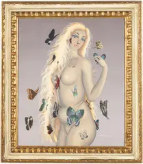 Woman with Butterflies by Foussa Itaya, 1961, Oil on Canvas, sold Oct 2023