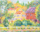 Old Houses in Autumn by Jan Parker, 1995, Oil on Canvas, sold Oct 2023