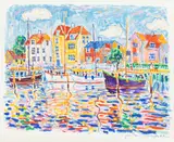Docked Boats and Houses by Jan Parker, Gouache on Paper, sold Oct 2023