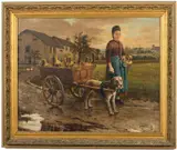 Woman with Milk Cart and Dog by Alaux Bakes, 1894, Oil on Canvas, sold Oct 2023