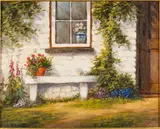 Stone Cottage with Bench by Ralph Waterhouse, Oil on Board, offered Oct 2023