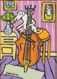 Dog Playing Bass by Jay Schmetz, Oil on Canvas, sold Oct 2023