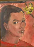 Girl and Goldfinch by Mary Hoover Augusta Aiken, Oil on Board, sold Oct 2023